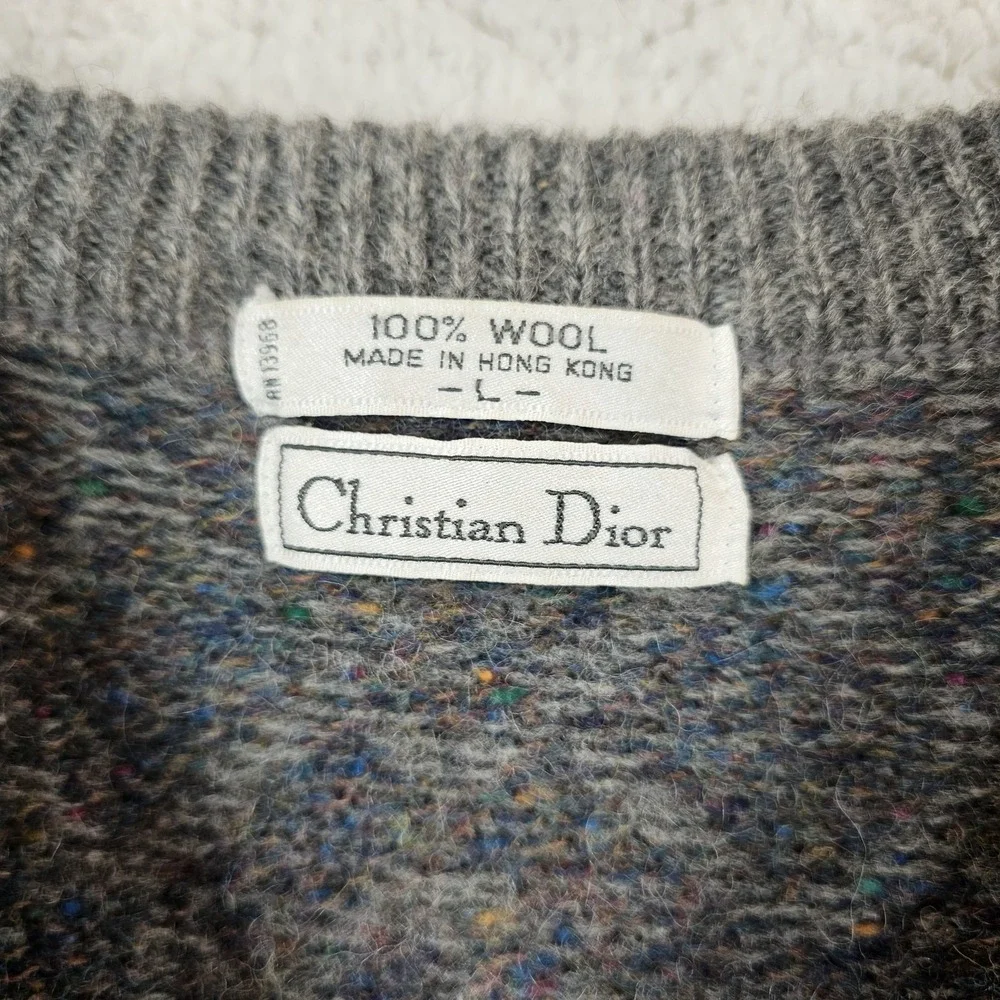 Vintage Christian Dior 100% Wool V-Neck Sweater Made In Hong Kong Size Large 80s